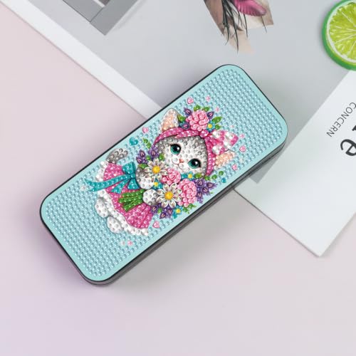 Diamond Art Painting Kit, Hard Shell Eyeglasses Glasses Case | Flower Kitty DIY Diamond Dots, Small Gem Art Paint Mosaic Kits, Cute Rhinestone Sunglasses Case for Adults Women Beginner - color: Blue Flower Kitty