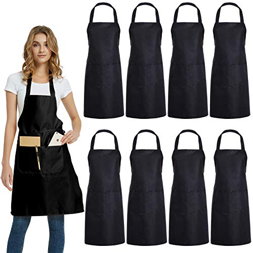 DUSKCOVE 8 Pack Bib Aprons Bulk - Unisex Black Commercial Apron with 2 Pockets for Kitchen Crafting BBQ Drawing Cooking - color: Black