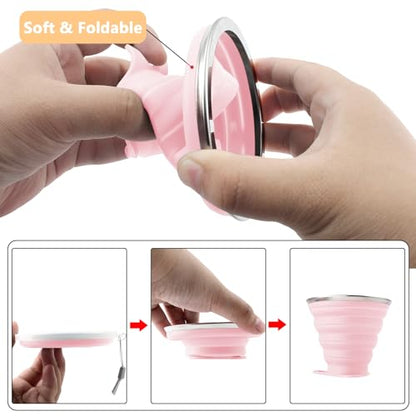 Litoexpe 2 Pack Silica gel Collapsible Travel Cup 270ml, Pink & Purple | with Lids, Portable Folding Camping Cup, for Camping and Travel - color: Pink & Purple