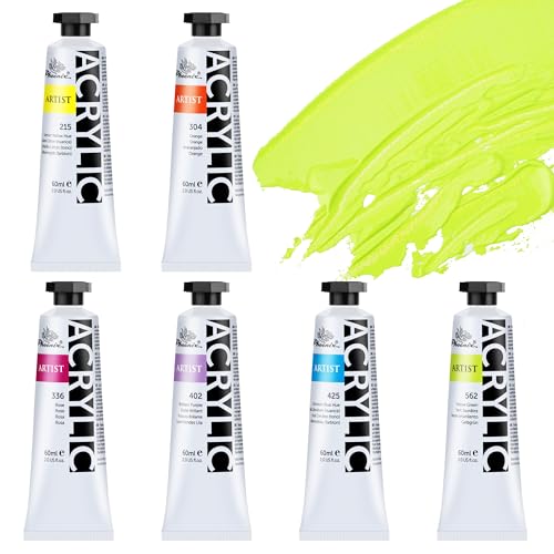 PHOENIX Neon Heavy Body Acrylic Paint, 2 Oz. x 6 Tubes | Fluorescent Colors Slow Drying Speed, Thick Art Paints, For Adults, Artists, Professionals - color: 6 Neon Colors x 2 Fl Oz