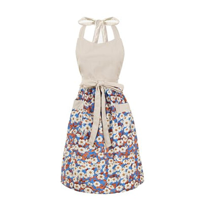 Cute Floral Apron for Women with Pockets, Cotton, Adjustable Straps - color: Beige