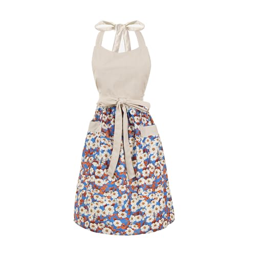 Cute Floral Apron for Women with Pockets, Cotton, Adjustable Straps - color: Beige