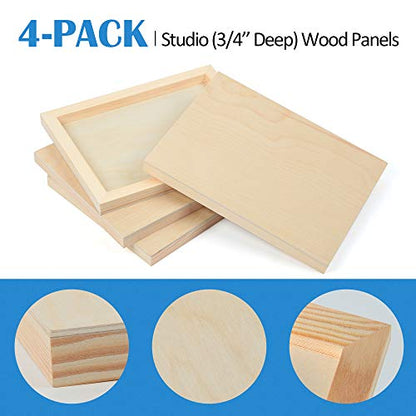 4 Pack 8x10’’ Unfinished Birch Wood Panels Kit for Painting | Studio 3/4’’ Deep Wooden Canvas, Cradle Boards for Acrylic Pouring, Art, Crafts, Epoxy Resin, Laser Engraving Cutting - size: 8'' x 10'' Studio