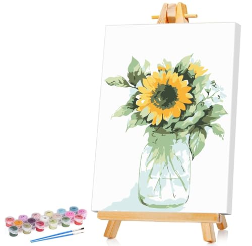 Ginkko Framed Paint by Numbers Kit for Adults 8X 12 inch, Vase Flowers - color: sunflower framed, size: 8x12 Inch