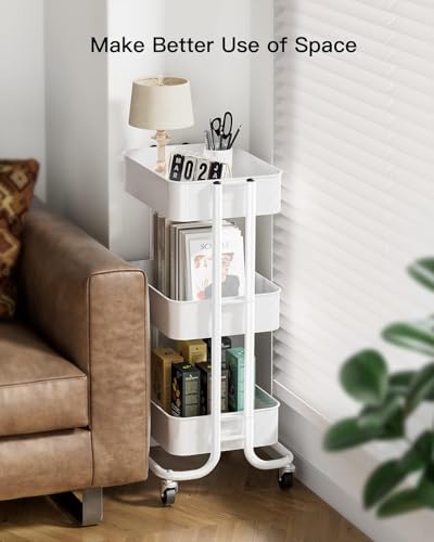Pipishell 3 Tier Metal Rolling Utility Cart with 2 Lockable Wheels, White | 360° Rotating Wheel, Heavy-Duty Steel, Sturdy Dual Columns, Ventilated Mesh, Hold 22 lbs per Shelf, for Kitchen & Living Room - color: White, size: 3 Tier