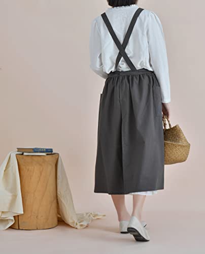 Cotton Pleated Apron Retro Waterdrop Proof Garden Cleaning Pinafore Dress - color: Darkgrey