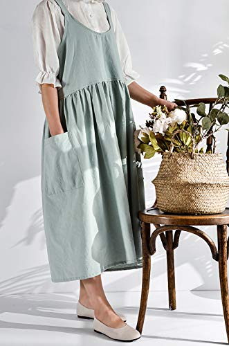 Japanese Cotton Cross Back Pinafore Apron for Women with Pockets Turquoise | NEWGEM, Criss-Cross, No Ties, Cotton Linen, Apron Dress, Farm Work Apron for Kitchen Cooking, Baking, Gardening, Painting - color: 01 - Turquoise Without Waist Ties