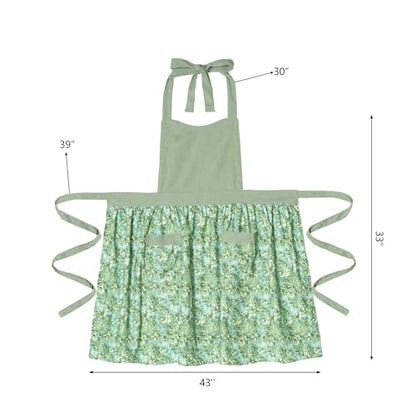 Cute Floral Apron for Women with Pockets, Cotton, Adjustable Straps - color: Light Green