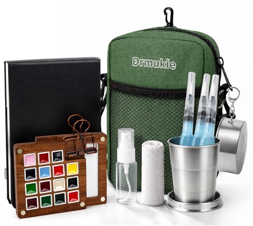 Mini Watercolor Paint Set 15-Color Walnut Wood Travel Paint Kit with Bag | Portable Pocket Paint Set with Watercolor Journal, Metal Clip, Paint Water Cup, Water Brush, Art Lovers Gifts Green - color: Green