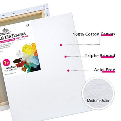 PHOENIX Stretched Canvas for Painting 11x14 Inch/7 Value Pack, 8 Oz Triple Primed 5/8 Inch Profile 100% Cotton White Blank Canvas, Artist Framed Canvas for Oil Acrylic & Pouring Art - size: 11"x14", style: Studio Set (8 Oz.)