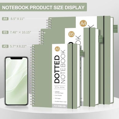 AHGXG Dotted Journal, Grid Spiral Notebook, 110 Pages, A4 (8.5" x 11") | 100 GSM Thick Dot Paper, Waterproof Plastic Cover Journals for Journaling, Sketching (Sage Green) - color: Sage Green, style: A4-Dotted