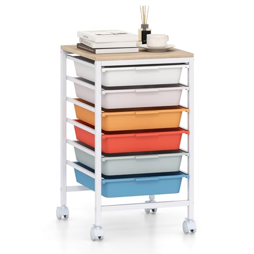 GOFLAME 6-Drawer Rolling Storage Cart, Craft Storage Cart with Wooden Tabletop and Lockable Wheels, Art Cart Supply Storage Organizer with Metal Frame for Home Office Classroom, Macaron Color - color: Macaron Color, size: 6-Drawer with Wood Top