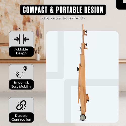 Easel for Painting, H Frame Easel, Painting Stand, Studio, Fits 80” Canvas | Houseables for Large Canvas, Floor Standing, Adjustable, Tilt Flat, Rolling Wheels, Wood, Adults, Painters, Arts & Crafts