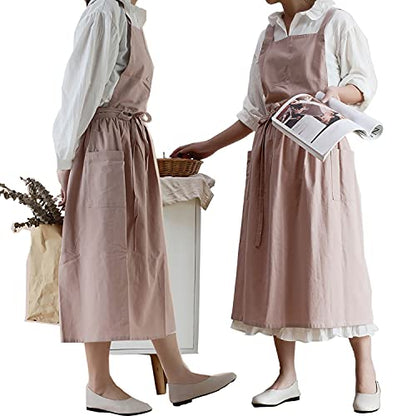 VLZUFE Women Cotton Linen Cross Back Apron with Pockets for Gardening Works Pinafore Dress - color: Pink