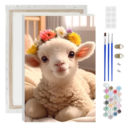 Lxmsja Fluffy Lamb Paint by Numbers Kit for Adults, Lamb Flower Acrylic Paint by Numbers for Adults Beginner, DIY Craft Supplies Oil Painting Kits for Home Wall Decor 8x12 inch (Framed) - color: white#091