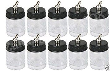 Master Airbrush (Pack of 10) TB-002 Empty 3/4 Ounce (22cc) Glass Jar Bottles with 30° Down Angle Adaptor Lid Assembly - Fits Dual-Action Siphon Feed Airbrushes, Use with Master, Badger, Paasche, Iwata - size: 0.75oz - Glass - 30°