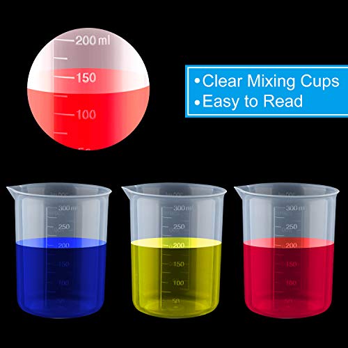 Coopay 12 Pack 300ml/10.1oz Plastic Beakers Epoxy Mixing Cups, Plastic Graduated Cups Clear Multipurpose Measuring Cups with 50 Pack Wooden Stirring Sticks for Resin, Epoxy, Stain, Mixing Paint - size: 300ml