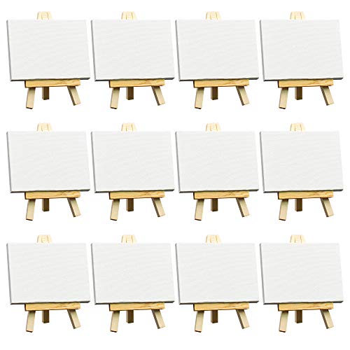 FIXSMITH 3x4 Inch Mini Stretched Canvas Easel Set- Bulk Pack of 12,Set Contains 12 Rectangle Canvases &12 Mini Easels,Small White Art Canvases & Wood Easels for Painting Craft Drawing Decoration - size: 3"X4"+ Easel