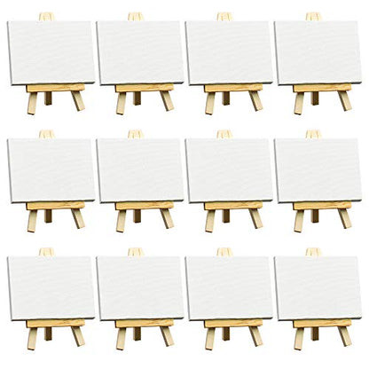 FIXSMITH 3x4 Inch Mini Stretched Canvas Easel Set- Bulk Pack of 12,Set Contains 12 Rectangle Canvases &12 Mini Easels,Small White Art Canvases & Wood Easels for Painting Craft Drawing Decoration - size: 3"X4"+ Easel