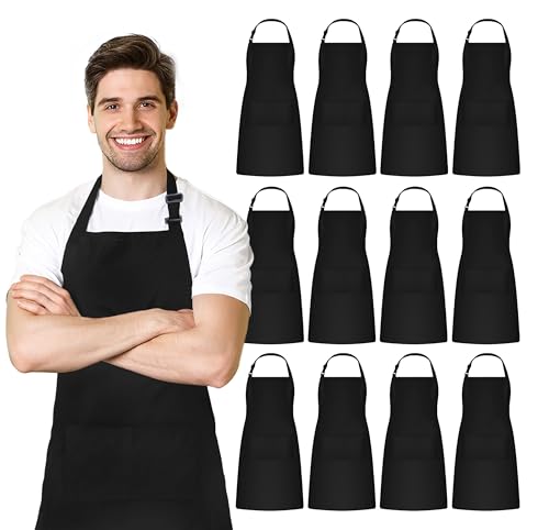Adjustable Bib Apron 100% Polyester Kitchen Aprons Waterdrop Resistant Aprons with Adjustable Strap, Pockets & Long Ties - color: Black, style: Pack of 12