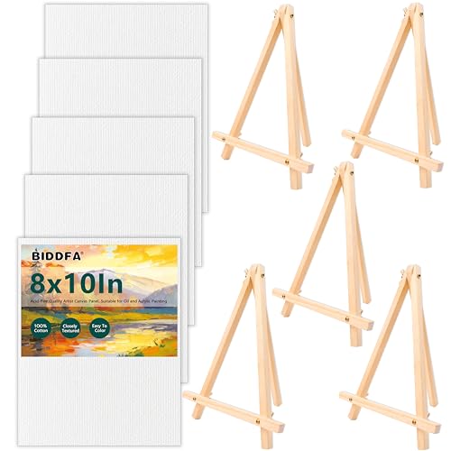 5 Pack 8x10 Canvas Boards with Easels for Painting, Sip and Paint Party Kit | Includes 10 primed canvas panels & 10 pine easels. Acrylic, oil & watercolor kit for adults,ideal for party & group painting