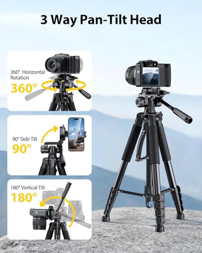 UBeesize 74" Camera Tripod with Phone Holder and Remote, Heavy Duty Tripod Stand with Portable Bag for Phone and Camera, Compatible with DSLR Cameras, Cell Phones, Spotting Scopes and Binoculars - size: 74Inches