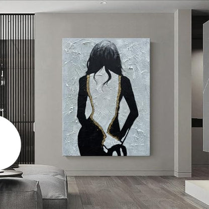 zoinart Hand Painted Black and White Wall Art, 28x40 Inches, Abstract Girl Painting, Vertical Black and White Wall Decor, Textured Art - color: BL-057