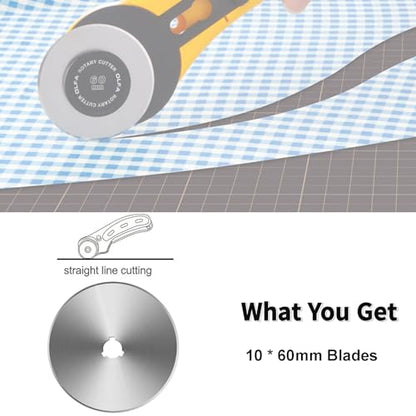 60mm Rotary Cutter Blades 10 Pack Replacement Blades Fits Fiskars, OLFA,Martelli,Dremel,Truecut,DAFA for Quilting Scrapbooking Sewing Arts & Crafts Sharp and Durable Cutter Blade - color: Silver (60mm 10pcs)