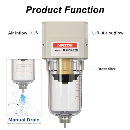 AIRZOE 1/4" NPT Air Dryer for Compressor - Air Compressor Water Separator AF2000-02, Manual Drain,5 Micron Brass Element, Poly Bowl - size: 1/4" NPT