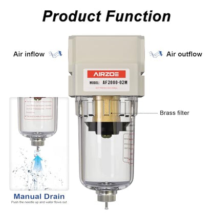 AIRZOE 1/4" NPT Air Dryer for Compressor - Air Compressor Water Separator AF2000-02, Manual Drain,5 Micron Brass Element, Poly Bowl - size: 1/4" NPT