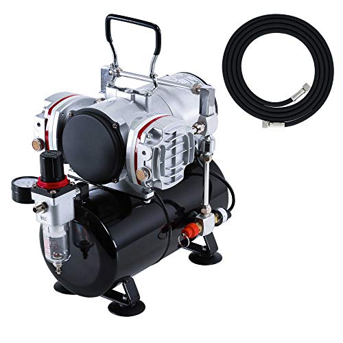 Master Airbrush TC-828 Airbrush Compressor with Tank- 1/4 HP Twin Cylinder, 3L Air Tank, 46L/Min Flow, Dual Air Brush Support, True Diaphragm Regulator, Portable - Ideal for Artists, Studios - style: Dual Piston with Tank