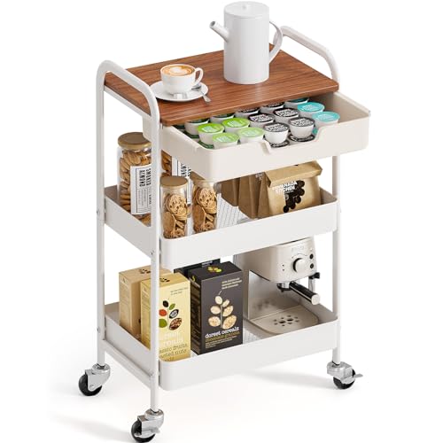 TOOLF 3 Tier Rolling Cart with Drawer, Metal Utility Storage Cart, White | Wooden Tabletop, Lockable Metal Wheels, Trolley Organizer for Bathroom, Kitchen, Office, Nursery, Dorm, Laundry, Craft Room - color: White