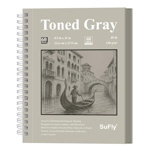 SuFly Toned Gray Sketchbook 8.5" x 11" - 60 Sheets Spiral Bound Artist Drawing Pad, 85lb/130gsm Toned Gray Paper for Graphite, Charcoal, Colored Pencils and Gel Pens. - color: Toned Gray, size: 8.5-x-11-inch:1 Pack