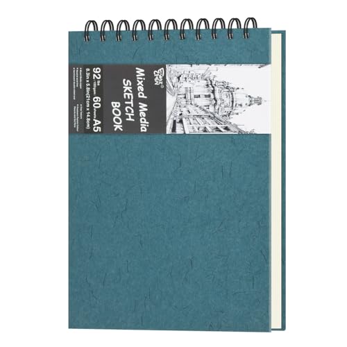 8.3" x 5.8" Hardcover Sketchbook, Top Spiral Bound Art Journal Sketchbook, 60 Sheets 92LB/150 GSM Acid-Free Drawing Neutral White Mixed Media Paper for Adults Beginners Artists.Blue Green - color: 150gsm-neutral white paper blue green