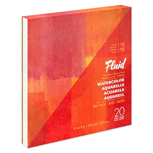Fluid Artist Watercolor Pad, 140 lb (300 GSM) Cold Press Paper Pad for Watercolor Painting and Wet Media, Fold Over, 8 x 8 inches, 20 White Sheets