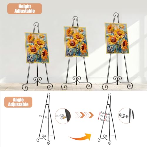 46" H Adjustable Metal Display Easel - Vintage Black Scroll Design, Rust-Proof Metal Stand for Showcasing Pictures, Artlork, Picture Frame and Wedding Signs