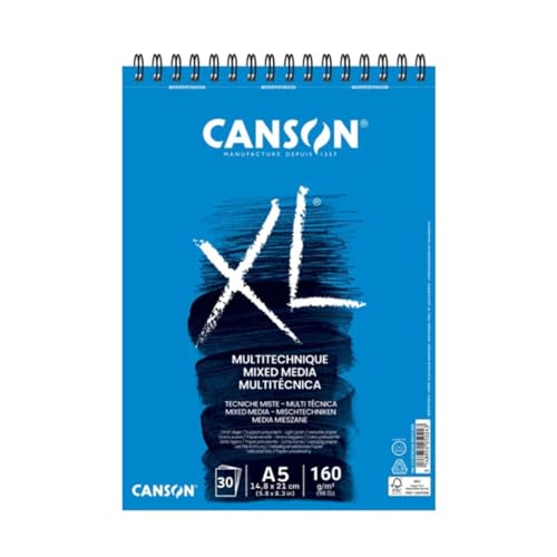 CANSON XL Mixed Media 160gsm A5 Paper, Light Grain, Spiral Pad Short Side, 30 White Sheets, for Professional Artists & Students