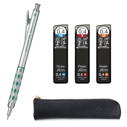 Graph Gear 1000 Mechanical Drafting Pencil + Ain HB/B/2B leads, original Black slim pen case (0.4mm) - size: 0.4mm