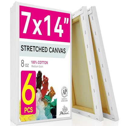 PHOENIX Long Stretched Canvas for Painting 7x14 Inch/6 Value Pack, 8 Oz Triple Primed, 5/8 Inch Profile, 100% Cotton White Blank Canvas, Rectangular Framed Canvas for Oil Acrylic & Pouring Art - size: 7"x14", style: Studio Set (8 Oz.)