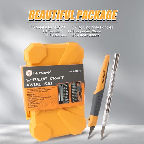 MulWark 32-Piece Precision Hobby Knife Set - Exacto Knife Set For Modeling - Craft Knife Handle Customized With Chiseling, Stencil Edge And Fine Point Blades With Sharpening Stone And Steel Ruler - style: 32 PCs of Precision Knife Set