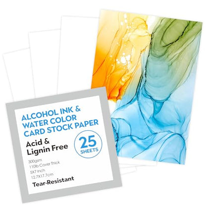 25 Sheets 5X7 Heavy Weight Alcohol Ink Paper 300gsm Water Color Synthetic Paper 110Lb Tear Resistant for Alcohol Inks, Acrylic Paints, Practise Drawing Paper