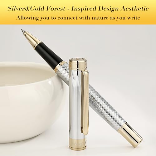 MCNTEIK Silver Chrome Rollerball Pen, Stunning Luxury Pen with Mesh Texture Design、Silver Chrome Finish and 24K Gold Accents, Nice Gift Set for Men & Women, Business, Executive, Office, Fancy Pens - color: Silver Chrome with Gold