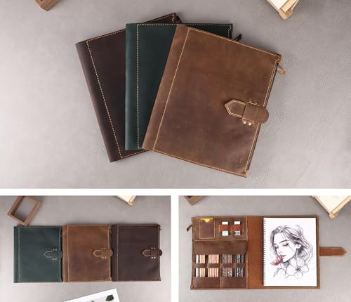 Fasjosma Leather Sketchbook Cover for A4/9"x12" Top Spiral Bound Sketch Pads - Handmade Genuine Leather Artist Case with Pencil Holder & Zipper Pocket, Professional Drawing Supplies(Brown, 9“ x 12 ") - color: Brown, size: 9“ x 12 "