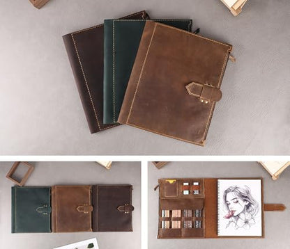 Fasjosma Leather Sketchbook Cover for A4/9"x12" Top Spiral Bound Sketch Pads - Handmade Genuine Leather Artist Case with Pencil Holder & Zipper Pocket, Professional Drawing Supplies(Brown, 9“ x 12 ") - color: Brown, size: 9“ x 12 "