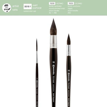 Escoda | Watercolour | Artist Set Amit Kapoor | Size 2,10,18 | 3 Brushes | Synthetic Tendo | Round mop + Rigger - color: Black, size: Artist Set