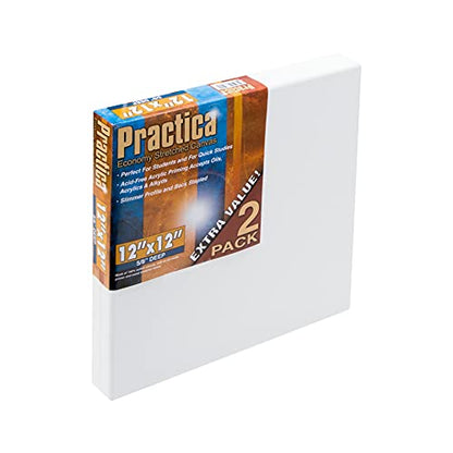 Practica Economy Stretched Cotton Canvas - Acid-Free Acrylic Primed Canvas for Acrylics, Pastels, Graphite, & More! - [2-Pack - 12x12] - size: 12x12"