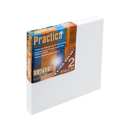 Practica Economy Stretched Cotton Canvas - Acid-Free Acrylic Primed Canvas for Acrylics, Pastels, Graphite, & More! - [2-Pack - 12x12] - size: 12x12"