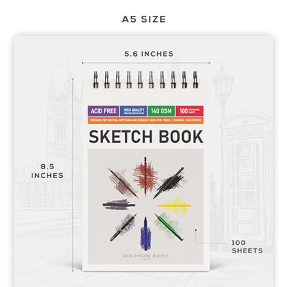 BEECHMORE BOOKS 5.6x8.5 A5 Spiral Sketchbook 140 GSM 100 Perforated Pages | Premium Art Sketch Pad for Drawing & Sketching, Acid-Free Paper, Portable Art Journaling for Artists, Beginners and Adults - size: A5 (5.6" x 8.5")