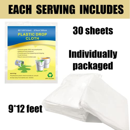 30 Pieces Plastic Drop Sheets for Painting, Waterproof and Dust-Proof Clear Cloth for Furniture Cover, 9x12 Feet Tarps - size: 30 Pieces