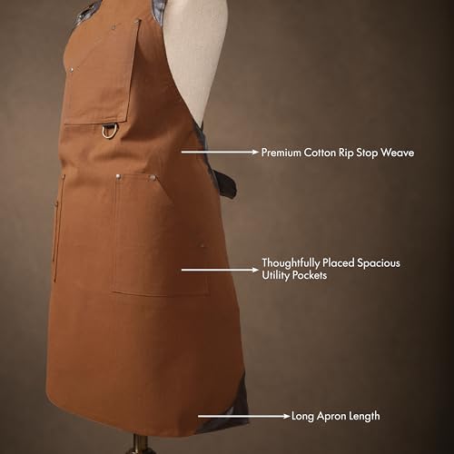 Professional Work Apron for Men & Women – 100% Cotton with waterproof Membrane, Cross Back Straps - color: Oak Brown
